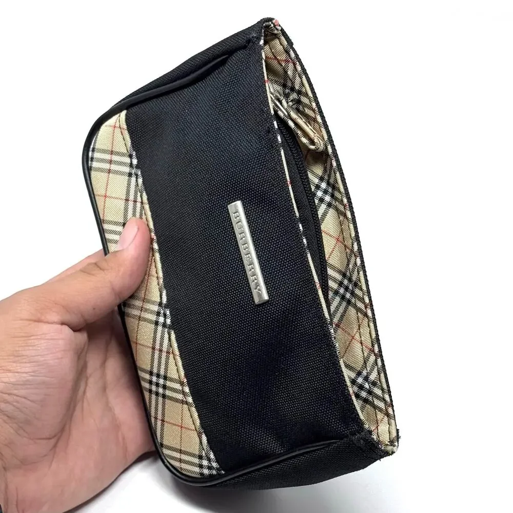 Burberry Black and Beige Plaid Canvas Cosmetic Pouch